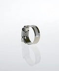 Close-up of a stainless steel hose clamp from the Stainless Steel Hose Clamp Assortment Kit With 26 Pieces And Storage Case Worm Gear Design.