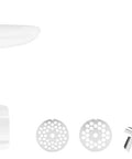 Stand Mixer Food Grinder Attachment for KitchenAid Style Mixers, Coarse and Fine Grinding Settings, disassembled on white background.