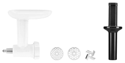 Stand Mixer Food Grinder Attachment for KitchenAid Style Mixers, Coarse and Fine Grinding Settings, disassembled on white background.