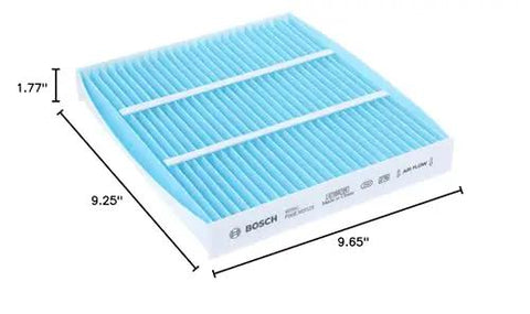 Top Notch HEPA Cabin Air Filter for Select Lexus, Subaru, Toyota models, Bosch unit showing dimensions and HEPA media close-up