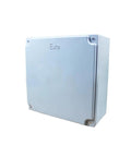 Explosion-proof aluminium junction box, light blue metal enclosure with corner screws (front view)