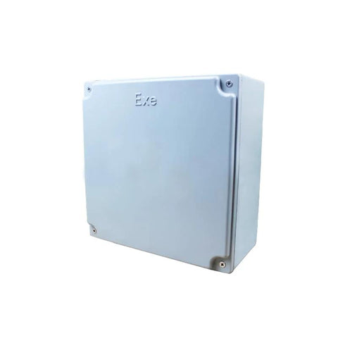 Explosion-proof aluminium junction box, light blue metal enclosure with corner screws (front view)