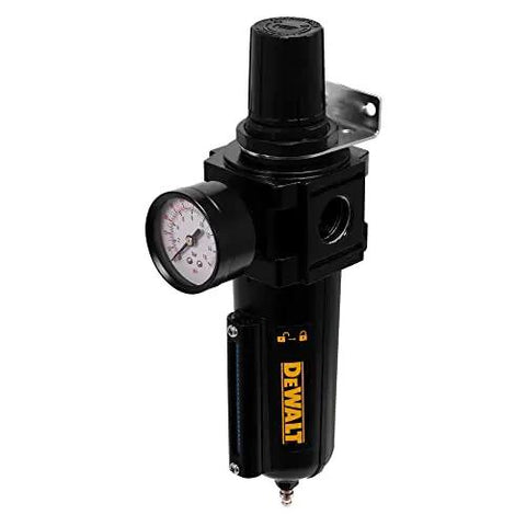 Three Quarters Inch NPT Air Filter Regulator For Your Shop Piping System With Moisture Removal Up To 150 PSI, black casing, pressure gauge