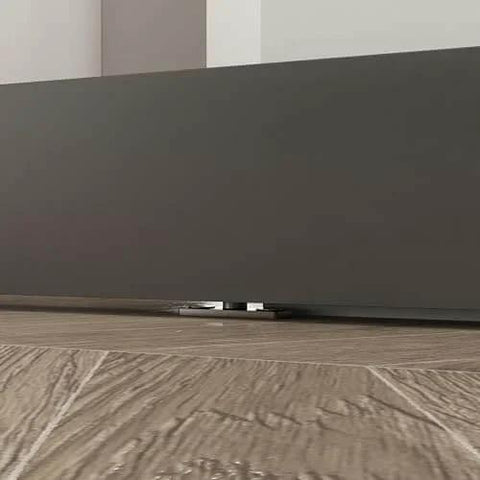 Close-up of bottom rail of 40 In X 84 In Full Lite Frosted Glass Black Steel Frame Interior Sliding Barn Door With Hidden Track System