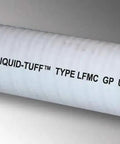 Close-up of Flexible Metallic Liquid Tight Conduit 2 Inch By 50 Foot Gray Roll Premium Hot Dipped Galvanized Steel marking.