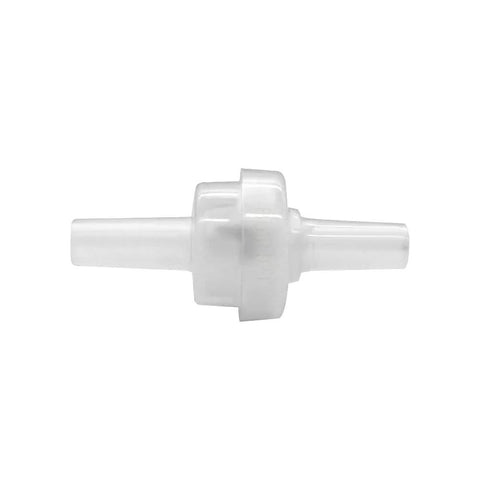 Inline check valve, PVDF plastic, 1/4 in barb hose, white, side view