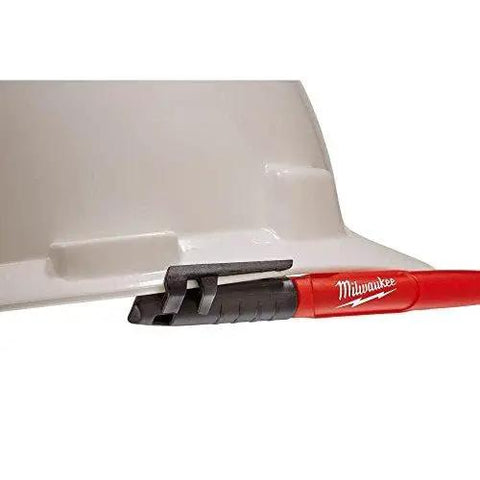 Red and black Inkzall Fine Point Marker Black 4 Pack With Clog Resistant Tip for Dusty Wet And Oily Surfaces shown with cap on