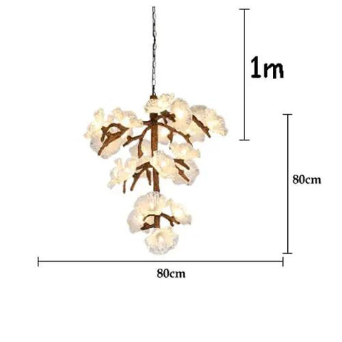Tree Branch Ceiling Pendant Light Straight Up Fresh Statement Chandelier Top Shelf Adjustable Hanging Lamp Clean Vibe Home Glow Up Fixture For Kitchen Dining Room Decor, 1m height with white floral design.