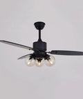 Modern Black Ceiling Fan Integrated With Glass Lamp And Remote Control sleek design with four blades and glass bulbs.