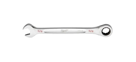 Heavy Duty 15/16 Inch Sae Ratcheting Wrench with polished chrome finish and double stacked pawls for tight spaces.