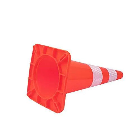 Bottom view of a fluorescent orange 10 Pack 28 Inch Traffic Cones Set Heavy Duty PVC Safety Road Parking Cones with reflective strips