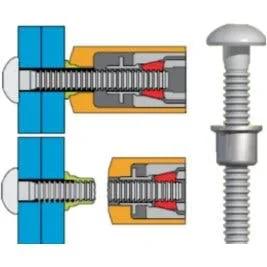 Diagram and photo of Lockbolts 0.250 Inch Diameter Stainless Encapsulated HD For Wide Grip Range 0.312 To 1.250 Inch, side-by-side view.
