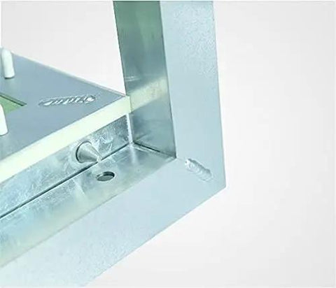 Close-up of the aluminum frame of the Hella Durable 8X8 Removable Wall Access Panel, showing welded construction details.