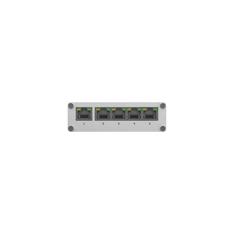 Front view of Beefy TSW110 Industrial L2 Unmanaged Switch with five 10/100/1000 Mbps Ethernet ports shown in rugged aluminum housing.