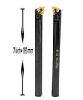 Two 7-inch indexable boring bars with 5/8-inch shanks and carbide inserts for metal lathe turning, front view