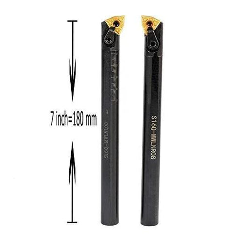 Two 7-inch indexable boring bars with 5/8-inch shanks and carbide inserts for metal lathe turning, front view