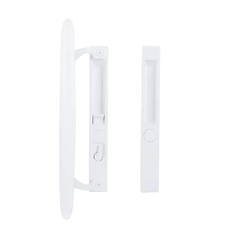 Flush Mount NonKeyed Sliding Glass Patio Door Lock Handle Set Fits One To One And One Eighth Inch Thick Doors With Six And Five Eighth Inch Hole Spacing Night Lock Hook Latch NonHanded White front view