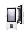Top Shelf Ultra Low Temp Deep Freezer Engineered For Serious Lab Sample Vault with heavy duty insulated door open, revealing spacious interior.