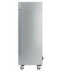 Straight Up Heavy Duty Commercial Two Door Refrigerator 35 Cubic Feet Stainless Steel showing side view with self closing door and casters
