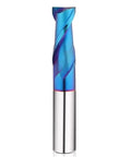 Front view of end mill: 2-flute solid carbide CNC cutter with blue-coated flutes and silver shank