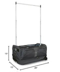 Dance competition travel bag with garment rack, rolling duffel, black and gray, 28-inch, lightweight, with wheels and drop bottom design.