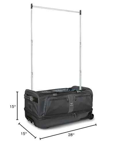 Dance competition travel bag with garment rack, rolling duffel, black and gray, 28-inch, lightweight, with wheels and drop bottom design.