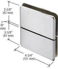 Senior Prima 02 Series Glass To Glass Mount Hinge in polished chrome with dimensions for maximum glass exposure, fits half inch thick glass