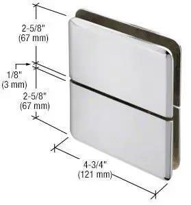 Senior Prima 02 Series Glass To Glass Mount Hinge in polished chrome with dimensions for maximum glass exposure, fits half inch thick glass