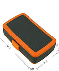 Front view of orange and black compact tool case with latch; measures about 16.5 by 9.5 by 4.5 cm