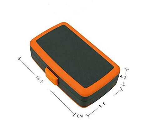 Front view of orange and black compact tool case with latch; measures about 16.5 by 9.5 by 4.5 cm