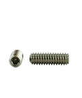 Built Tough 18 8 Stainless Steel Cup Point Socket Set Screws With Hex Drive Heavy Duty Grub Fasteners 8 32 By 1 4 Inch shown side by side.