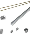 Top Shelf 72 Inch Zero Ledge Linear Shower Drain Rough In Kit components including metal channel, PVC parts, and drainage accessories.