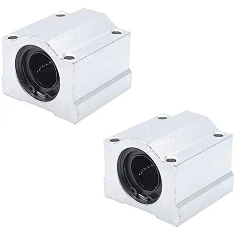 Rugged And Reliable Heavy Duty Smooth Glide Linear Motion Ball Bearing Slide Block Bushing For SCS20UU Linear Shaft CNC And 3D Printer Mods In Clean Silver, two pieces shown.