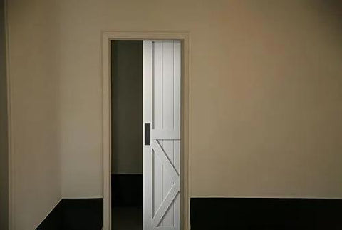 Matte Black Barn Door Handle Set For Sliding Doors, Ultra Thin.02 Inch Backplate installed on white sliding barn door in modern interior.