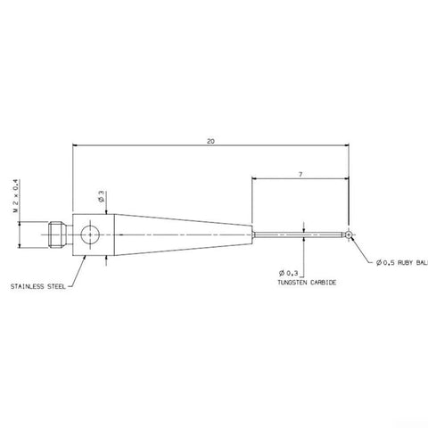 M2 CMM probe side view with 0.5 mm ruby ball tip, tungsten carbide stem, 20 mm length