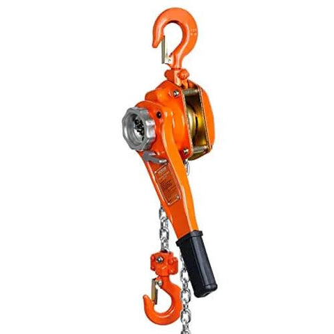 Manual Lever Chain Hoist 0.75 Ton 1650 Lbs 10 Ft Come Along Weston Double Pawl Brake Galvanized Steel 360 Degree Hook, side view