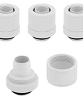 Four white XF compression fittings for 10/13mm (3/8in/1/2in) PC water cooling, front/top views.