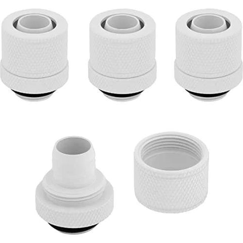 Four white XF compression fittings for 10/13mm (3/8in/1/2in) PC water cooling, front/top views.