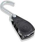 Heavy Duty Rope Ratchet Tie Down Pulley Hanger With Locking Mechanism For Easy Tensioning Of Shade Sails Hammocks Canopies And Outdoor Gear Works With One Quarter Inch Rope And Delivers A 150 Pound Capacity No Rope Included, black pulley with a metal hook