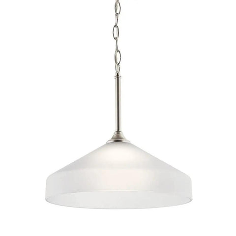 Swanky 15 Inch One Light Pendant In Satin Etched Glass With Brushed Nickel Finish Ideal Over A Bath Mirror Or Kitchen Island Blending Modern Style With Classic Charm For Transitional Traditional Or Contemporary Decor, hanging view