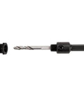 Side view of Klein Tools 3/8-in hole saw arbor with adapter; metal shaft and black drive end