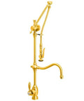 Traditional Gantry Pull Down Kitchen Faucet Featuring A Sleek Hook Spout In Premium Satin Gold Finish For A Kitchen Upgrade That Is A Total Game Changer And Truly Hits Different. Side view showing elegant hook spout in satin gold.
