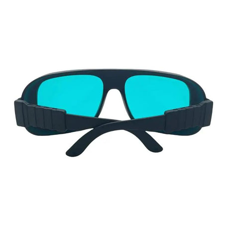 Pro Grade Laser Safety Glasses Offering Hella Secure Coverage Against Red Laser Beams Featuring Top Notch OD4 Plus Filtering And Sweet Clarity For Your Projects, blue tinted lenses with black frames.