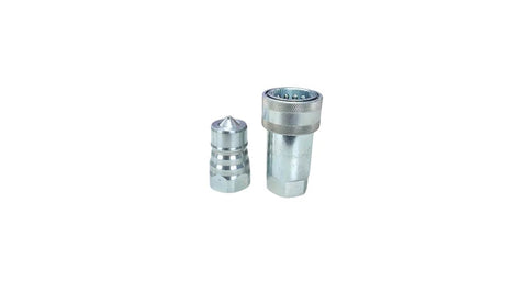 Front view: 3/4 in AG ISO 5675 Pioneer-style hydraulic quick-connect couplers with 3/4 in NPT threads; metal, red dust caps