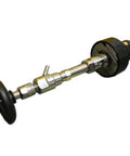 Side view of cutting head assembly for a waterjet cutter, featuring a silver shaft with hex fittings and black end caps.