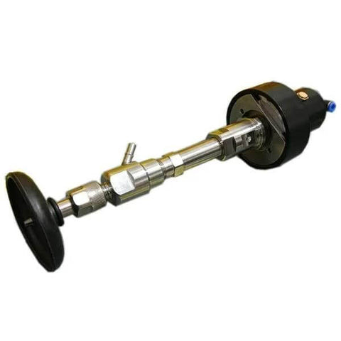 Side view of cutting head assembly for a waterjet cutter, featuring a silver shaft with hex fittings and black end caps.