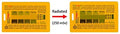 RadTriage 50 personal radiation detector card; two yellow wallet-sized dosimeters with warning labels.