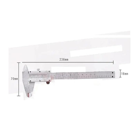 Alloy Scale 150MM Vernier Caliper with measurement markings, showing overall dimensions of 236mm length and 70mm width.