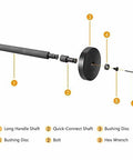 Exploded view of 52 In 1 Custom Bushing Driver Set For Transmission And Axle Bearings Replacement, showing handle, shaft, discs, bolt, wrench.