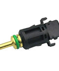 Hella Durable Coolant Temperature Sensor In Lower Radiator Hose Straight Swap Compatible With BMW E46 E90 E39 E87 E60 F10 Plug And Play Engine Cooling Monitor Ref 13621433077 showing a black and gold sensor with green sealing ring.